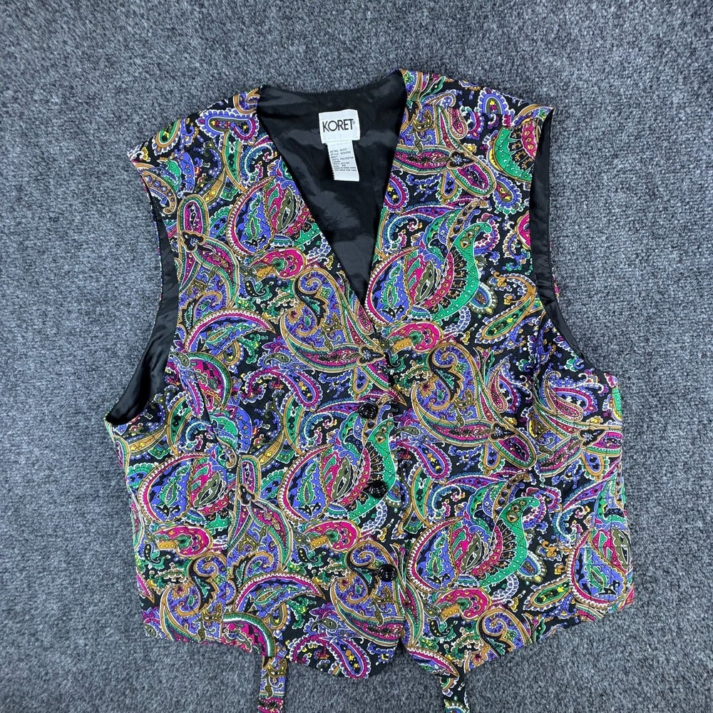 Vintage Koret Vest Women 18 Multicolor Quilted Paisley Casual Back Tie Button Up